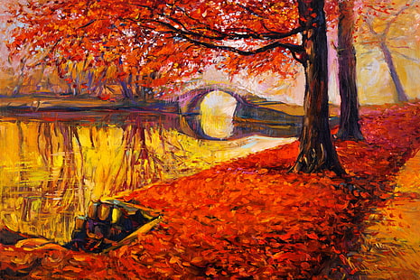 camino cubierto con hojas pintura, paisaje, pintura, cuadro, pintura, otoño, óleo, acuarela, Fondo de pantalla HD HD wallpaper