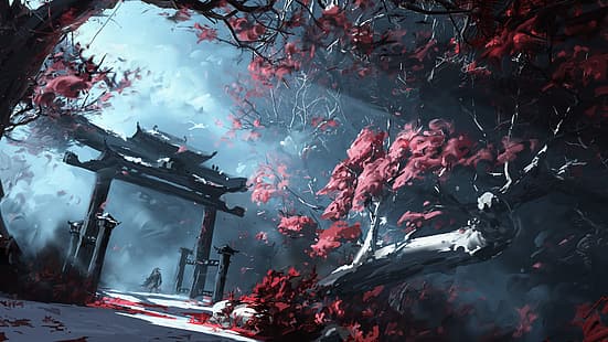 японский, ворота, лес, иллюстрация, деревья, цифровое искусство, тории, туман, HD обои HD wallpaper