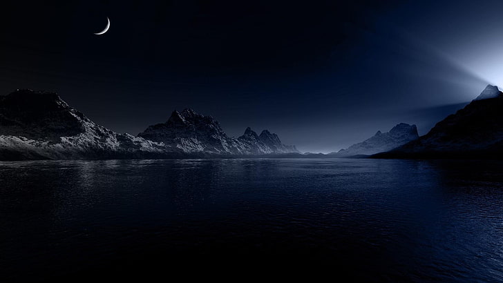 ดวงจันทร์, กลางคืน, ภูเขา, ธรรมชาติ, วอลล์เปเปอร์ HD