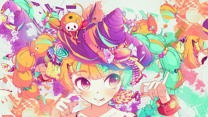 twintails, lollipop, tongues, hat, colorful, HD wallpaper