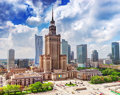 Palace of Culture and Science, Warsaw, Poland, Palace of Culture and Science, Europe, Poland, City, Travel, Building, Urban, Clouds, Skyscrapers, Palace, Science, Warsaw, culture, Tour, Destination, visit, tourism, ที่สูงที่สุด, ArtDeco, วอลล์เปเปอร์ HD HD wallpaper