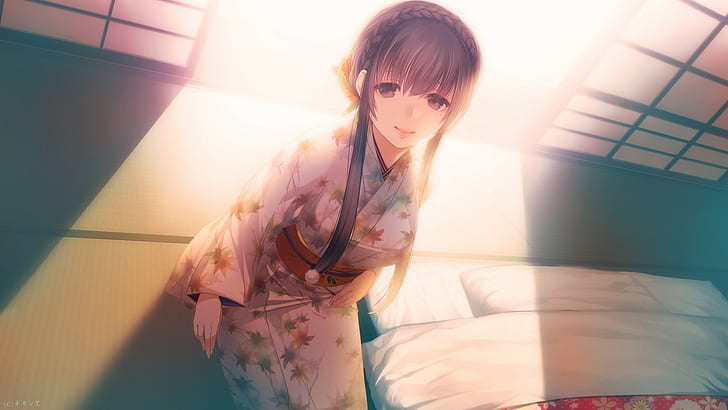 anime, gadis anime, rambut panjang, kimono, pakaian Jepang, Wallpaper HD