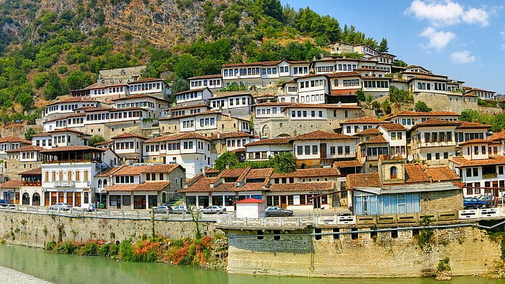 site historique, Berat, rivière Osum, Riverside, Townlet, ville, L'Europe , Site du patrimoine mondial de l'UNESCO, patrimoine mondial de l'UNESCO, patrimoine mondial, vallée, historique, Albanie, Fond d'écran HD
