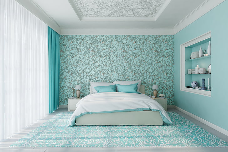 conjunto de edredom de cama branco e azul-petróleo, cama, quarto, decoração, quarto, HD papel de parede