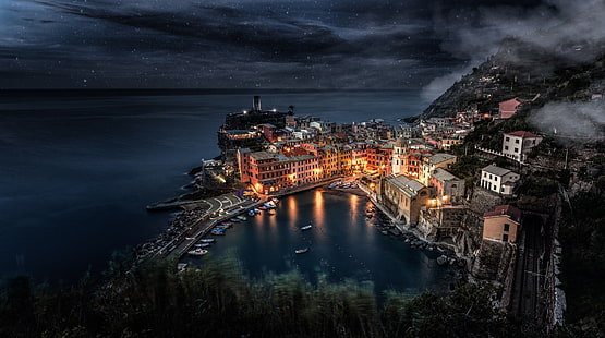 stads stadsbild cinque terre italien natt stjärnor havsbåt byggnad brygga, HD tapet HD wallpaper