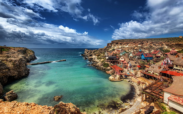 houses and body of water, beach, sea, coast, malta, popeye village, mediterranian, HD wallpaper