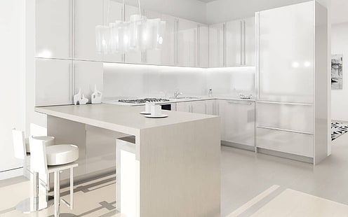 białe drewniane szafki kuchenne, meble, białe, łazienka, kuchnia, Tapety HD HD wallpaper