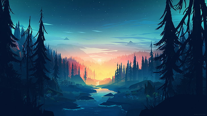 ilustracja warkocza sosnowego, grafika, krajobraz, las, Mikael Gustafsson, rzeka, drzewa, cyjan, Tapety HD