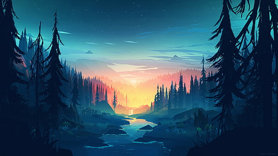 pine tress illustration, artwork, landscape, forest, Mikael Gustafsson, river, trees, cyan, HD wallpaper HD wallpaper