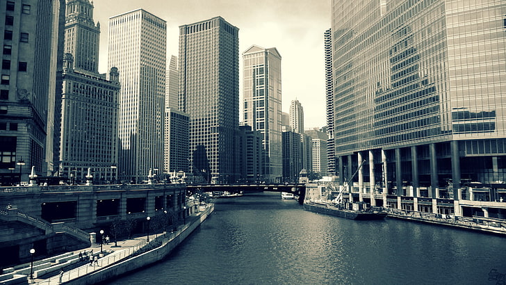 Gewässer, Graustufenfoto des Gewässers zwischen Gebäuden, Chicago, Stadtbild, Gebäude, städtisch, Stadt, Fluss, USA, Architektur, HD-Hintergrundbild