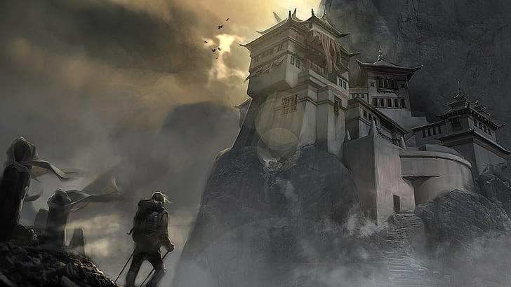 mountaineer in front of castle illustration, artwork, Asian architecture, bananas, HD wallpaper