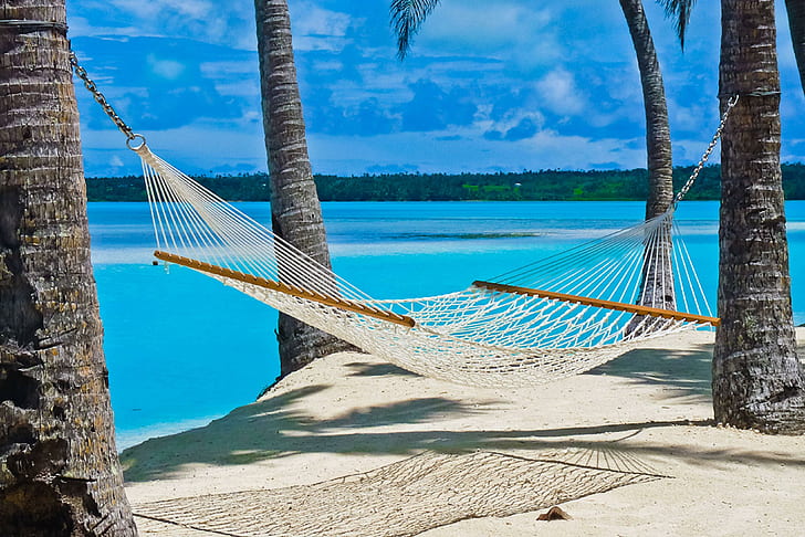 Hammock on Beach in the South Pacific, white knit hammock, island, tropical, hammock, lagoon, beautiful, white, fiji, south-pacific, ocean, sand, blue, paradise, exotic, HD wallpaper