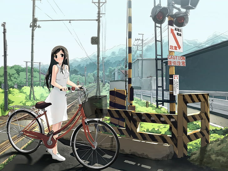 ciudad bicicleta anime chicas natsu no sora cruce ferroviario, Fondo de pantalla HD