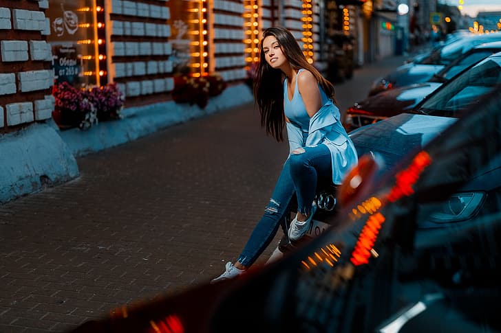 auto, girl, machine, pose, street, jeans, Pavel Ermakov, Gulmira Zubanova, HD wallpaper