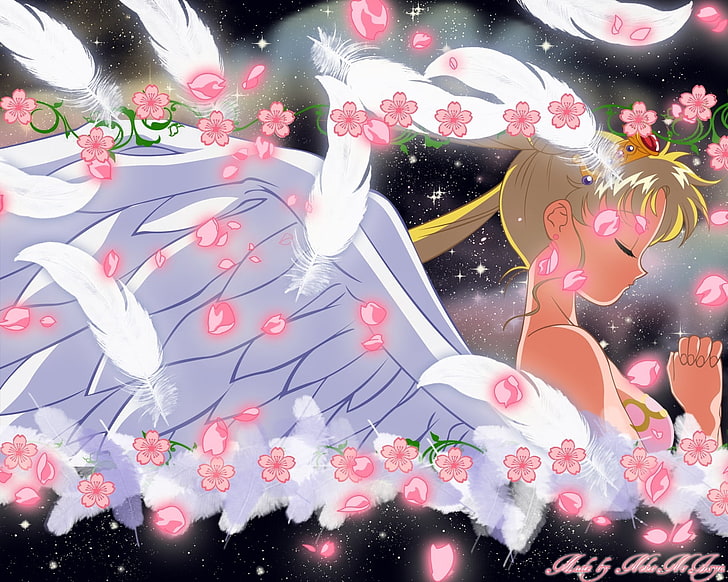 بحار القمر ، بحار القمر ، تسوكينو أوساجي ، فتاة ، أجنحة ، زهور، خلفية HD