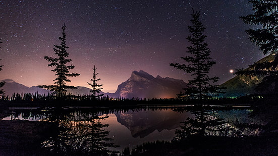 yeşil yapraklı ağaç dijital duvar kağıdı, peyzaj, göl, gece, bitkiler, Rocky Dağları, Kanadalı, yıldız, Alberta Ulusal Parkı, doğal ışık, yansıma, dağlar, Banff Ulusal Parkı, HD masaüstü duvar kağıdı HD wallpaper