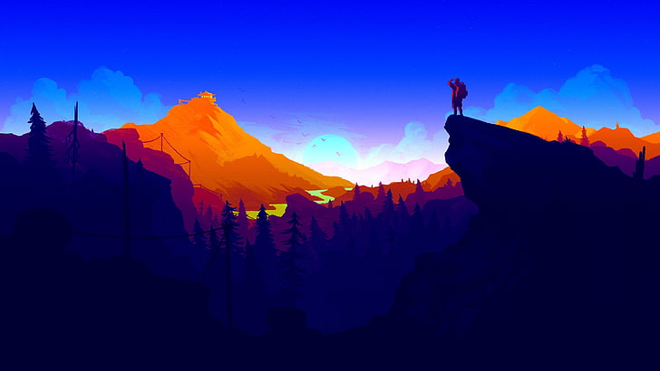 uomo sopra l'illustrazione della scogliera, pittura di paesaggio, Firewatch, minimalismo, tramonto, paesaggio, montagne, escursionismo, arancione, blu, Sfondo HD