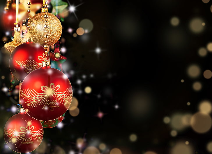 Rot und Gold Christbaumkugeln, der dunkle Hintergrund, Bälle, Spielzeug, Neujahr, Weihnachten, Rot, Gold, HD-Hintergrundbild