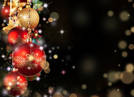 palline di Natale rosse e oro, lo sfondo scuro, palline, giocattoli, Capodanno, Natale, rosso, oro, Sfondo HD HD wallpaper