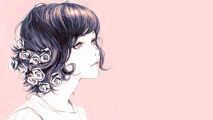 рисунок, иллюстрации, цифровое искусство, Илья Кувшинов, женщины, цветок в волосах, HD обои