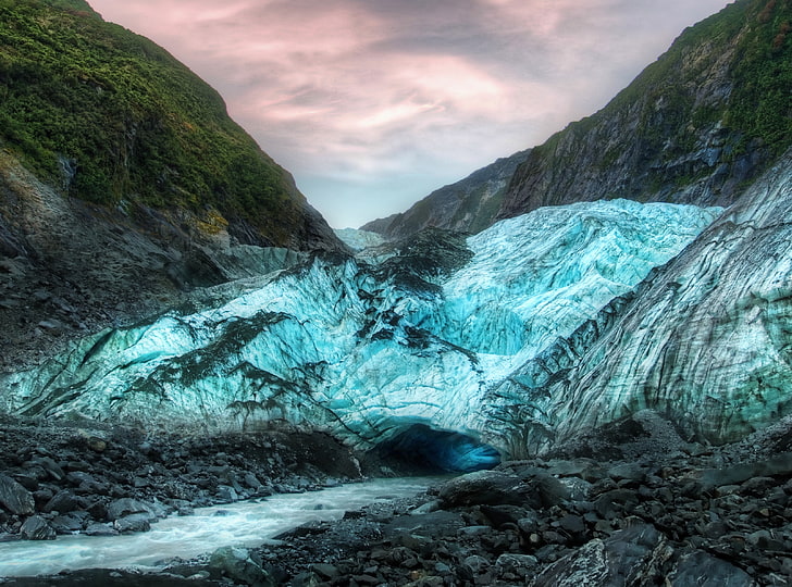 Gletser Franz Josef, gunung putih dan hijau, Oseania, Selandia Baru, Biru, Pegunungan, Gletser, Franz Josef, Pulau Selatan, Wallpaper HD