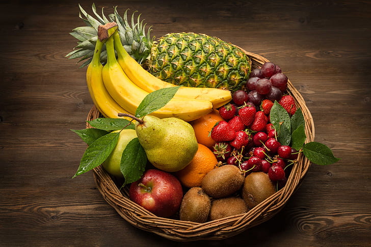 basket, Apple, orange, kiwi, strawberry, grapes, pear, fruit, pineapple, banana, cherry, HD wallpaper