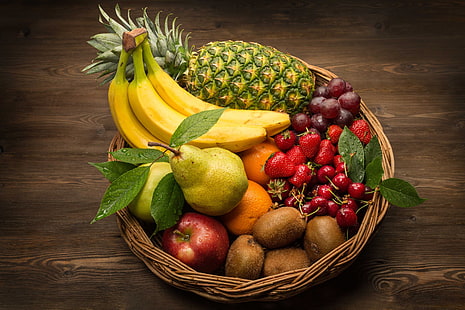  basket, Apple, orange, kiwi, strawberry, grapes, pear, fruit, pineapple, banana, cherry, HD wallpaper HD wallpaper
