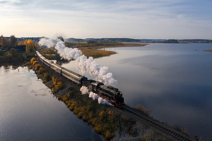 แนวนอน ธรรมชาติ ทะเลสาบ รถไฟ สำรอง Karelia Ruskeala Andrey Bazanov, วอลล์เปเปอร์ HD