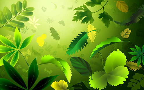 зеленые листья иллюстрация обои, листья, форма растения, рисунок, HD обои HD wallpaper