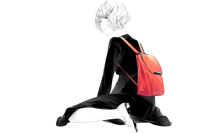 girl, sitting, art, sawasawa, red backpack, HD wallpaper