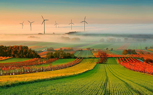 1920x1200, nature, tree, cloud, sky, Fog, windmill, HD wallpaper HD wallpaper