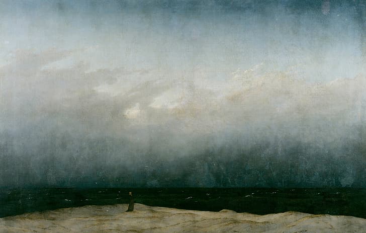 Caspar David Friedrich, The Monk by the Sea, Der Mönch am Meer, lukisan, Minyak di atas kanvas, lukisan cat minyak, pemandangan, Wallpaper HD, Wallpaper HD