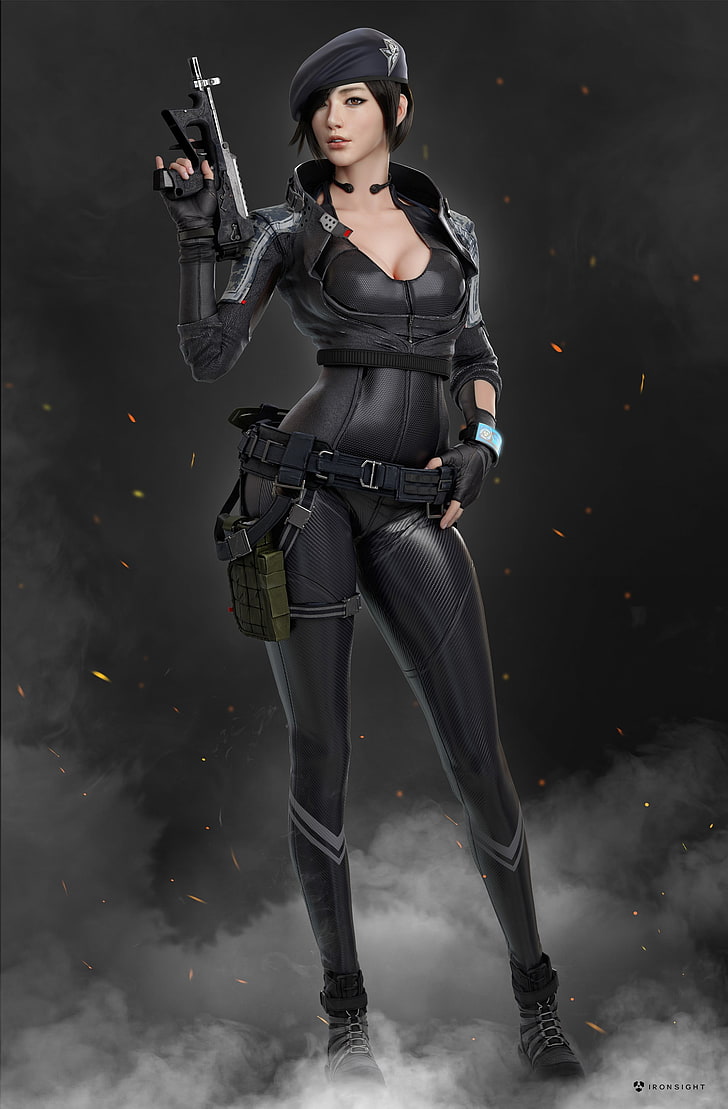 sfondo del personaggio del gioco, 3D, Iron Sight, arma, pistola, ragazze con le pistole, indumenti stretti, rendering, zbrush, PP-2000, visualizzazione verticale, Seungmin Kim, Sfondo HD, sfondo telefono
