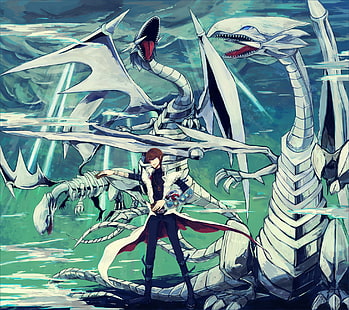 blue, dragon, duel, eyes, kaiba, monsters, seto, white, yu-gi-oh, HD wallpaper HD wallpaper