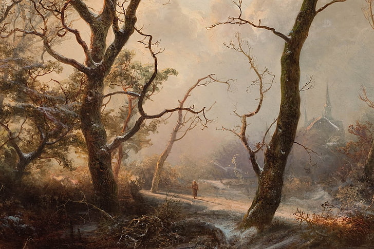 lukisan, seni klasik, hutan, pohon, salju, musim dingin, cabang, Wallpaper HD