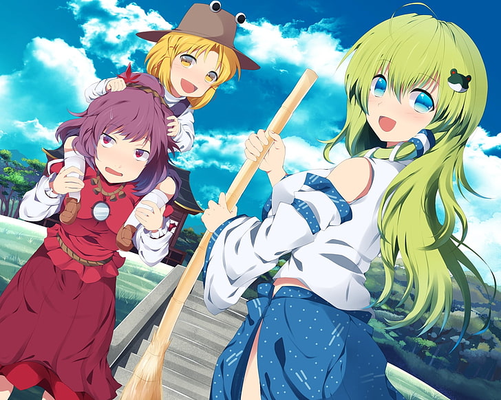 green-haired woman illustration, kochiya sana, girls, broom, sky, HD wallpaper