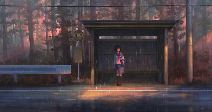 аниме момиче, автобусна спирка, дъжд, училищна униформа, дървета, живописни, аниме, HD тапет