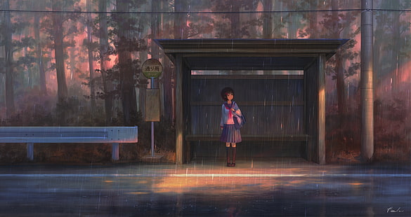 anime girl, bus stop, raining, school uniform, trees, scenic, Anime, HD wallpaper HD wallpaper