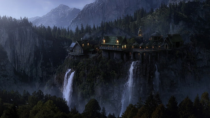 Ilustración de casas, cascadas al lado del castillo cerca de la montaña, paisaje, El Señor de los Anillos, arte de fantasía, Rivendell, arte digital, películas, Fondo de pantalla HD