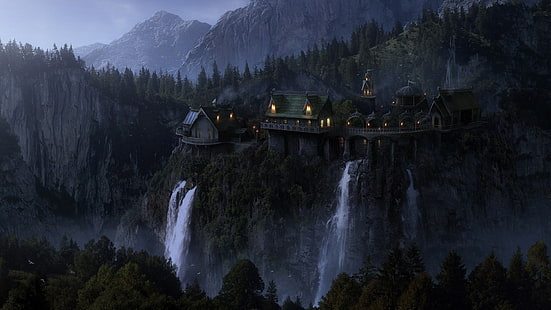 Ilustración de casas, cascadas al lado del castillo cerca de la montaña, paisaje, El Señor de los Anillos, arte de fantasía, Rivendell, arte digital, películas, Fondo de pantalla HD HD wallpaper