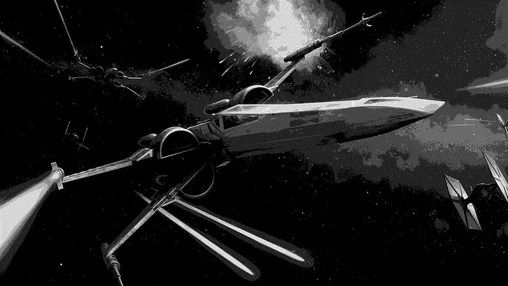 صورة بتدرج الرمادي لسفن حرب النجوم والفضاء وسفينة الفضاء و X-wing و Star Wars، خلفية HD