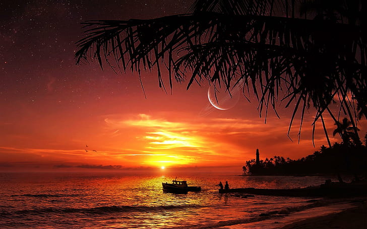 คลื่นฤดูร้อนชายหาดพระอาทิตย์ตก 3 มิติและนามธรรม, วอลล์เปเปอร์ HD
