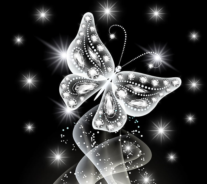 Ilustración de mariposa de piedras preciosas claras, mariposa, resumen, blanco, resplandor, neón, brillo, diamantes, jem, Fondo de pantalla HD