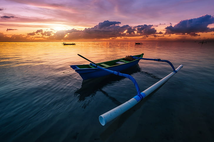 perahu, laut, matahari terbenam, Wallpaper HD