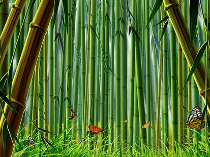 竹の森、蝶、草、竹、森、蝶、草、 HDデスクトップの壁紙 HD wallpaper