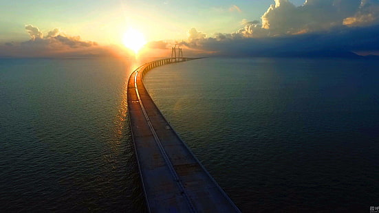 jembatan, jembatan hong kong-zhuhai-macao, langit, hzmb, hkzmb, laut, laut china selatan, china, asia, hong kong, macao, sinar matahari, matahari, Wallpaper HD HD wallpaper