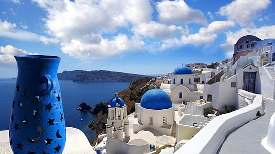 Towns, Santorini, Blue, Dome, Greece, House, Man Made, Ocean, Vase, White, HD wallpaper HD wallpaper