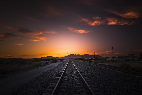 Fotografie, Eisenbahn, Tracks, Haus, Himmel, Stromleitungen, HD-Hintergrundbild HD wallpaper