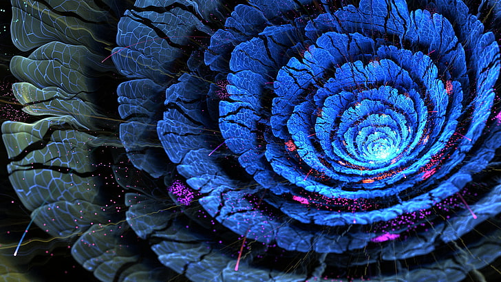 carta da parati fiore viola, fotografia ravvicinata di fiore blu petalo, arte digitale, frattale, incandescente, fiori frattale, orgoglio, ciano, Sfondo HD