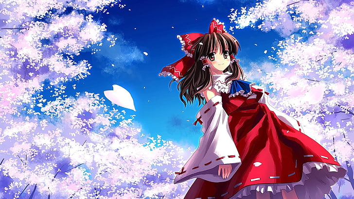 anime, anime girls, brunette, cherry blossom, long hair, looking at viewer, smiling, HD wallpaper